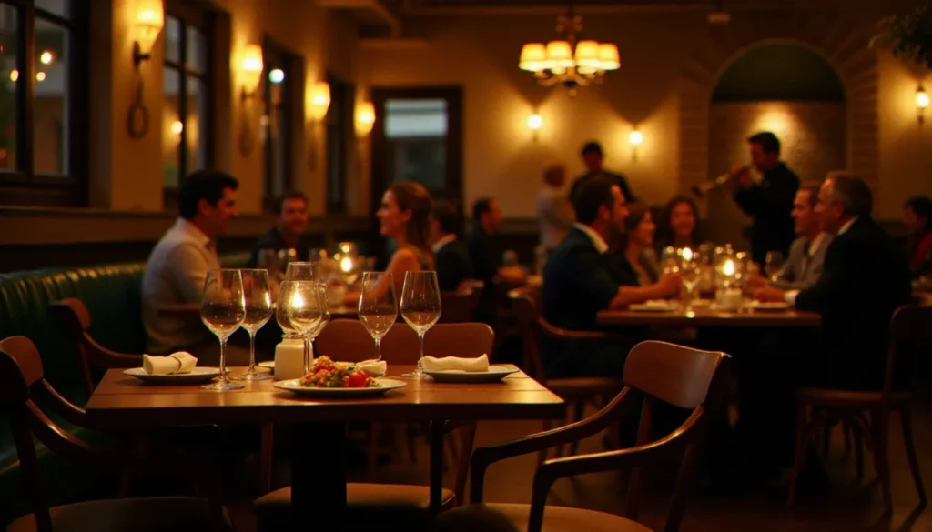 Salle animée d'un restaurant avec ambiance musicale à Lille, éclairage chaleureux et musiciens en arrière-plan