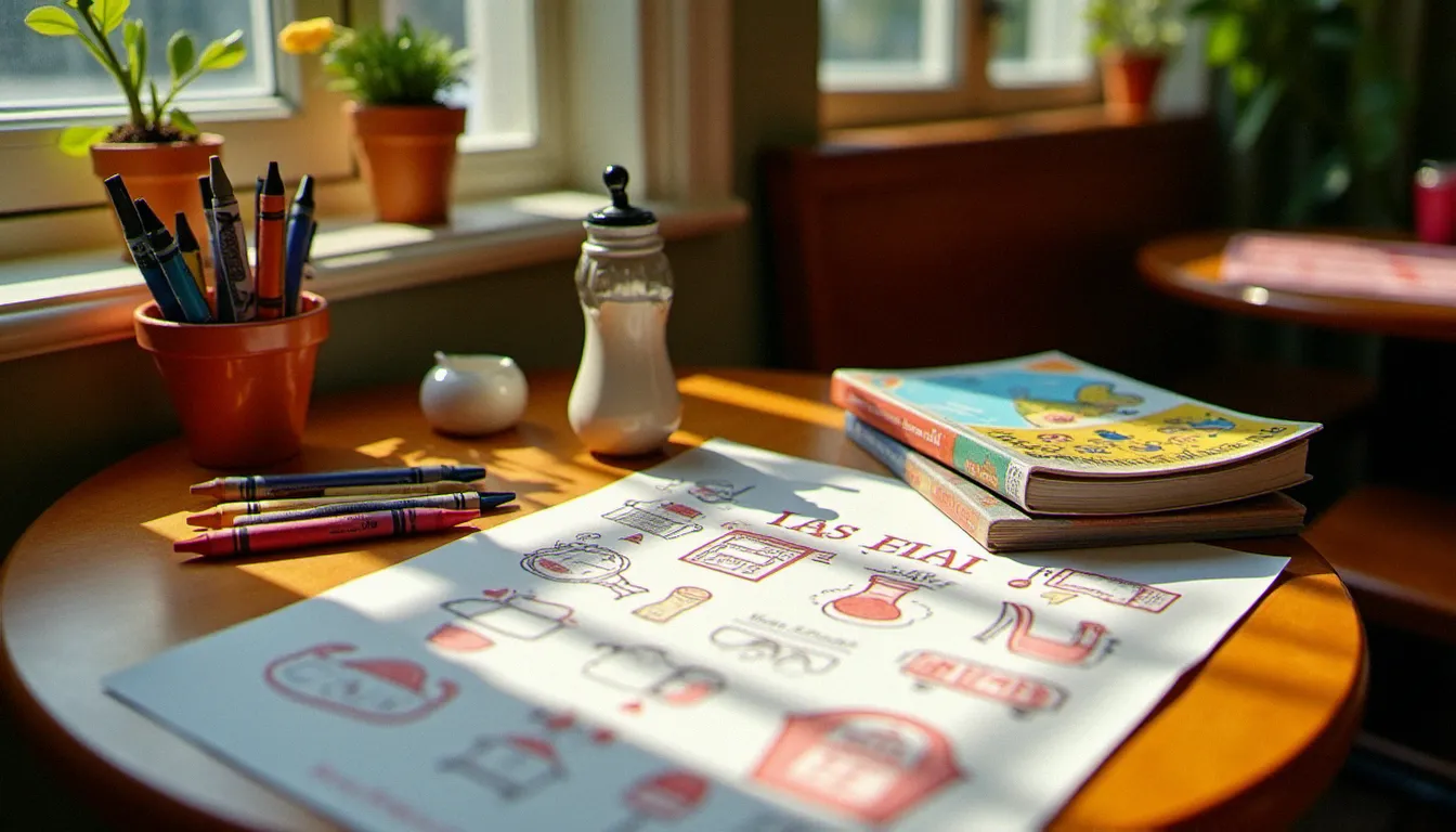 Table de l'espace jeux d'un restaurant avec jeux enfants, crayons de couleur, cahiers de coloriage et livres jeunesse posés sur une surface en bois naturel