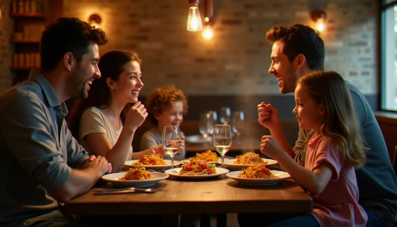 Une famille avec deux enfants déguste un repas dans un restaurant avec jeux enfants, ambiance bistrot nordiste chaleureuse avec murs en brique et lumières tamisées