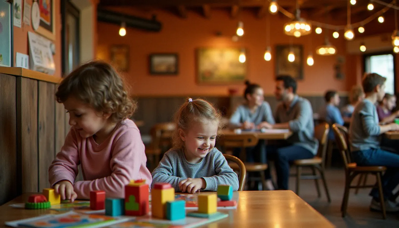 Espace jeux enfants chaleureux dans un restaurant avec jeux enfants, deux enfants jouent avec des cubes en bois pendant que leurs parents déjeunent à côté