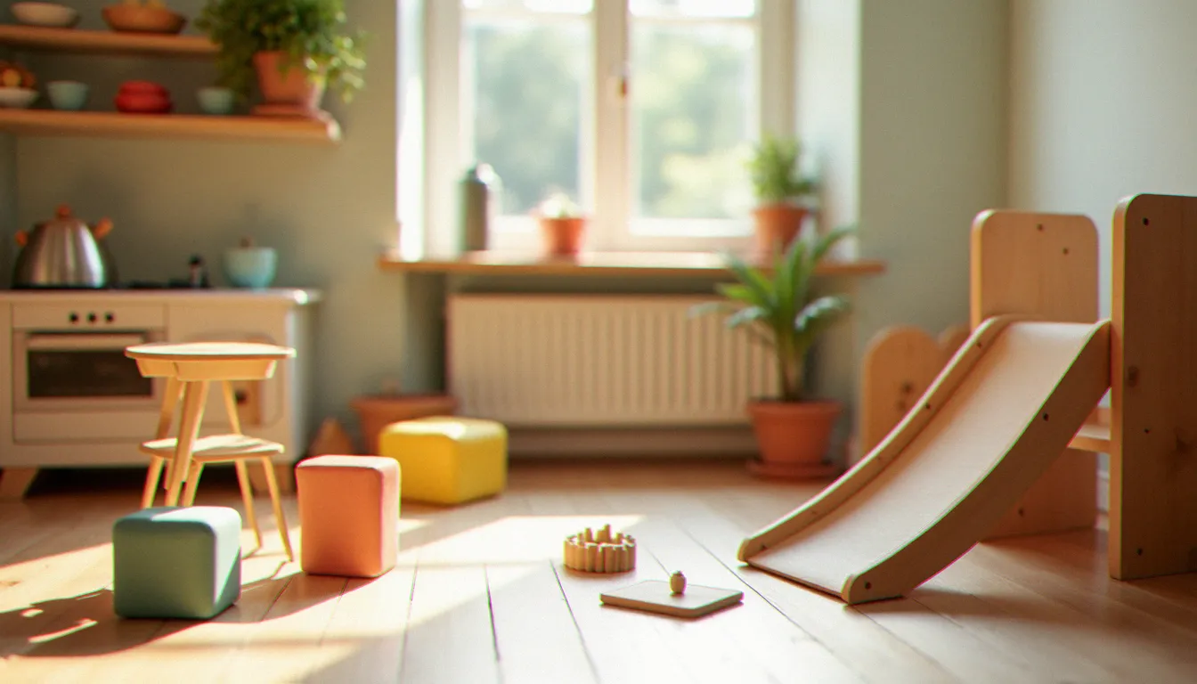 Coin jeux pour enfants aménagé dans un bistrot français, avec toboggan bas, cubes en mousse et cuisine dinette en bois, lumière naturelle chaleureuse