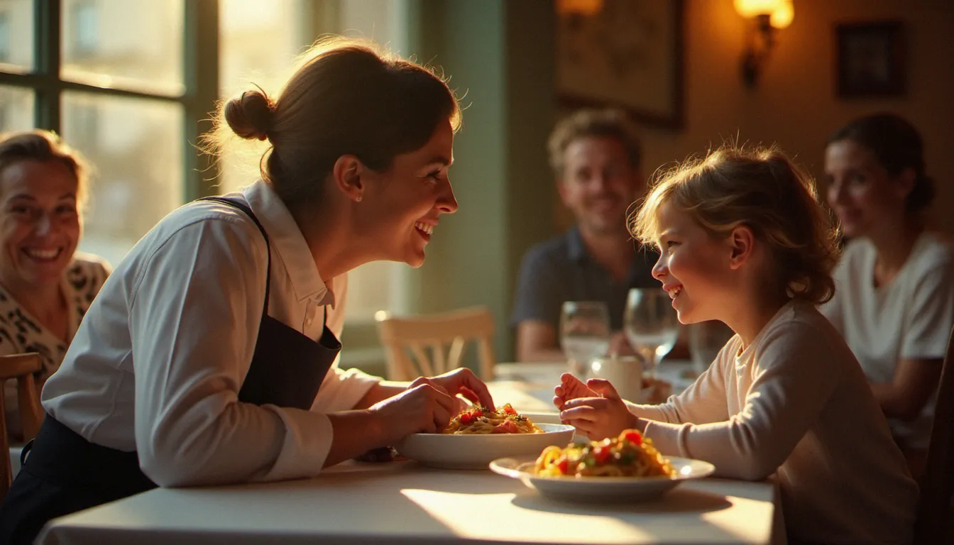 Serveur de bistrot en salle accueillant un jeune enfant à hauteur de regard, famille attablée autour d'un repas, ambiance chaleureuse et lumière dorée