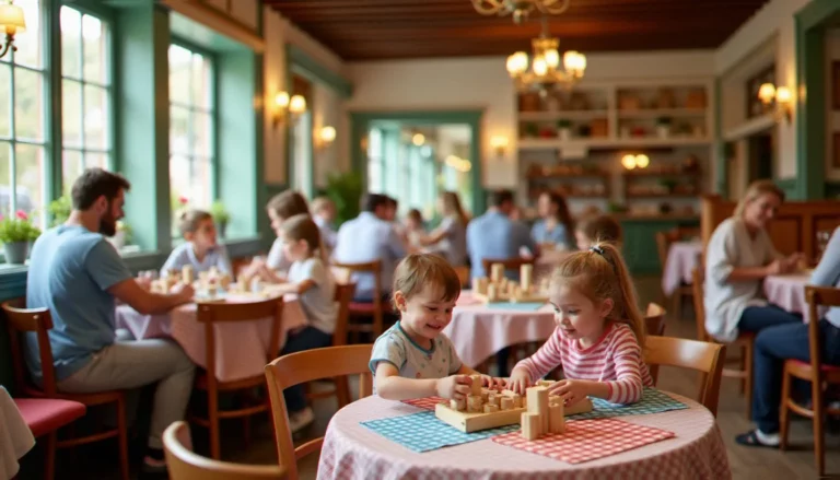 Salle de restaurant bistrot familial avec coin jeux pour enfants en bois visible en arrière-plan, tables rondes avec nappes à carreaux, lumière naturelle, parents détendus autour d'un repas