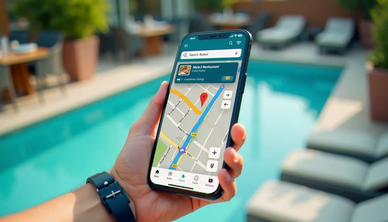 Recherche sur smartphone d'un restaurant avec piscine autour de soi, application de carte en premier plan avec terrasse estivale en arrière-plan