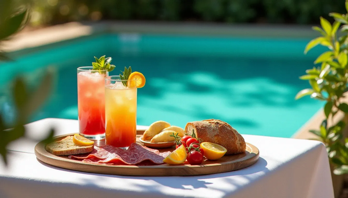 Planche de charcuterie et mocktails colorés servis sur une table en terrasse au bord d'une piscine, repas estival dans un restaurant avec piscine
