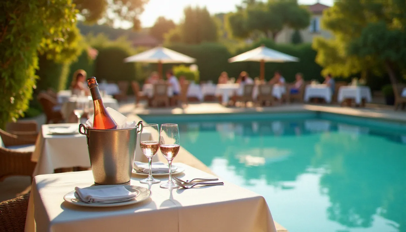 Terrasse de restaurant avec piscine en France, tables dressées en bord de bassin au soleil d'été, illustration de restaurant avec piscine autour de moi