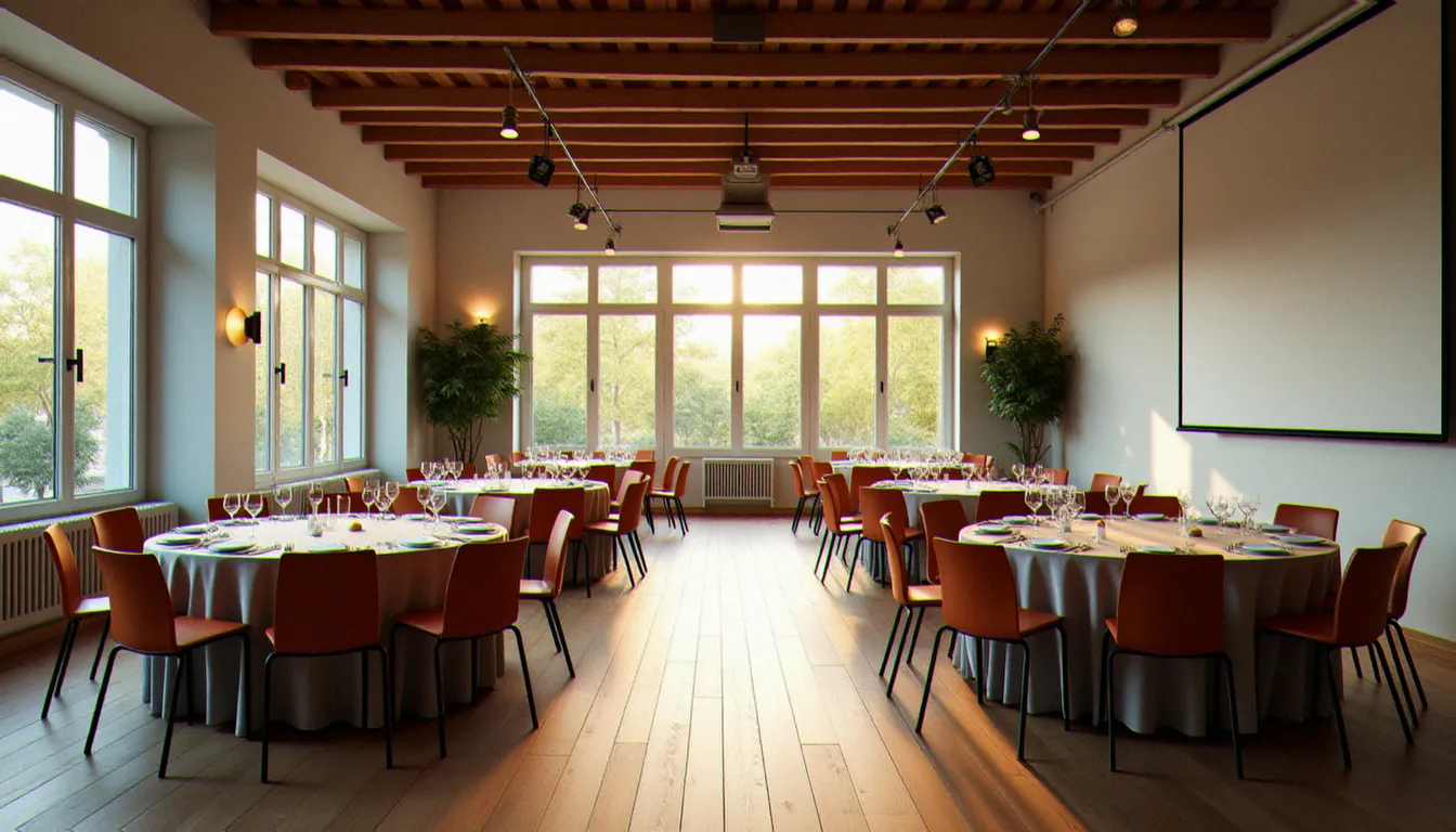Vue de la salle privée modulable d'un restaurant lors de la mise en place d'un événement professionnel, avec écran de projection et lumière naturelle