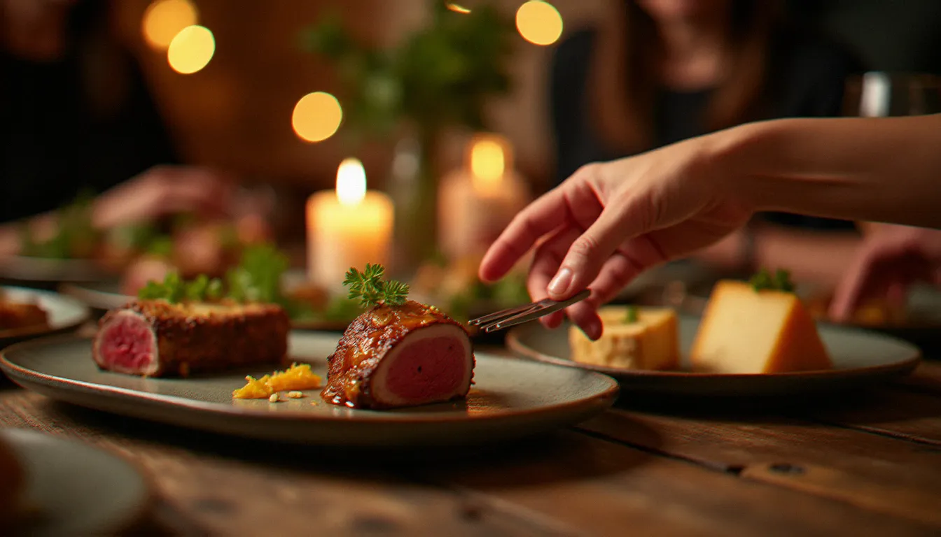 Plats de partage servis à table dans une salle privée de restaurant, magret de canard aux agrumes et terrine maison sur table en bois rustique