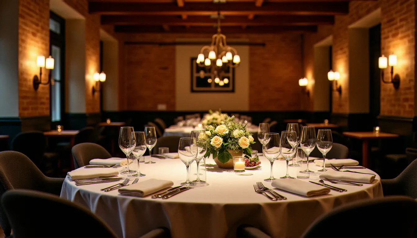 Salle privée d'un restaurant avec salle privée style bistrot français, table dressée pour douze personnes sous lumière tamisée et bougies