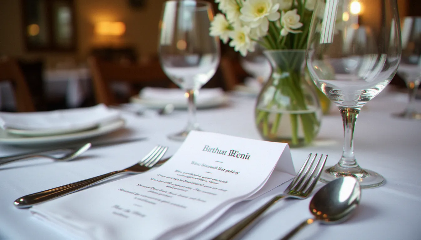 Table dressée pour un anniversaire en salle privée de restaurant, menu manuscrit, fleurs et couverts élégants dans un bistrot français