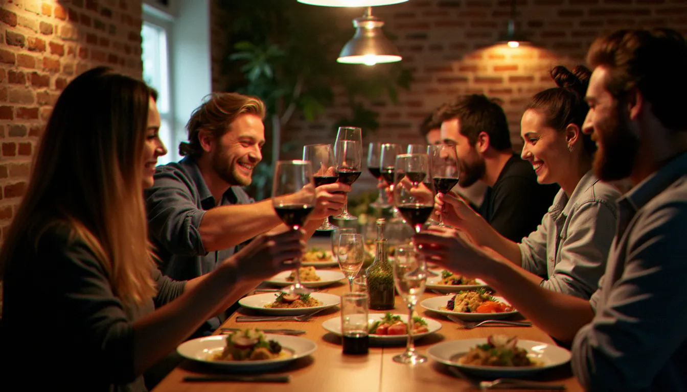 Groupe d'amis portant un toast en salle privée de restaurant pour un anniversaire, plats du Nord servis sur la table, ambiance festive et chaleureuse