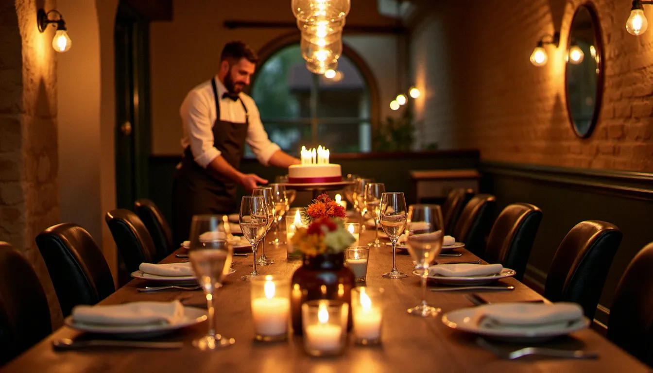 Salle privée d'un restaurant avec salle privée pour anniversaire à Lille, grande table dressée avec bougies et fleurs, ambiance chaleureuse en pierres apparentes