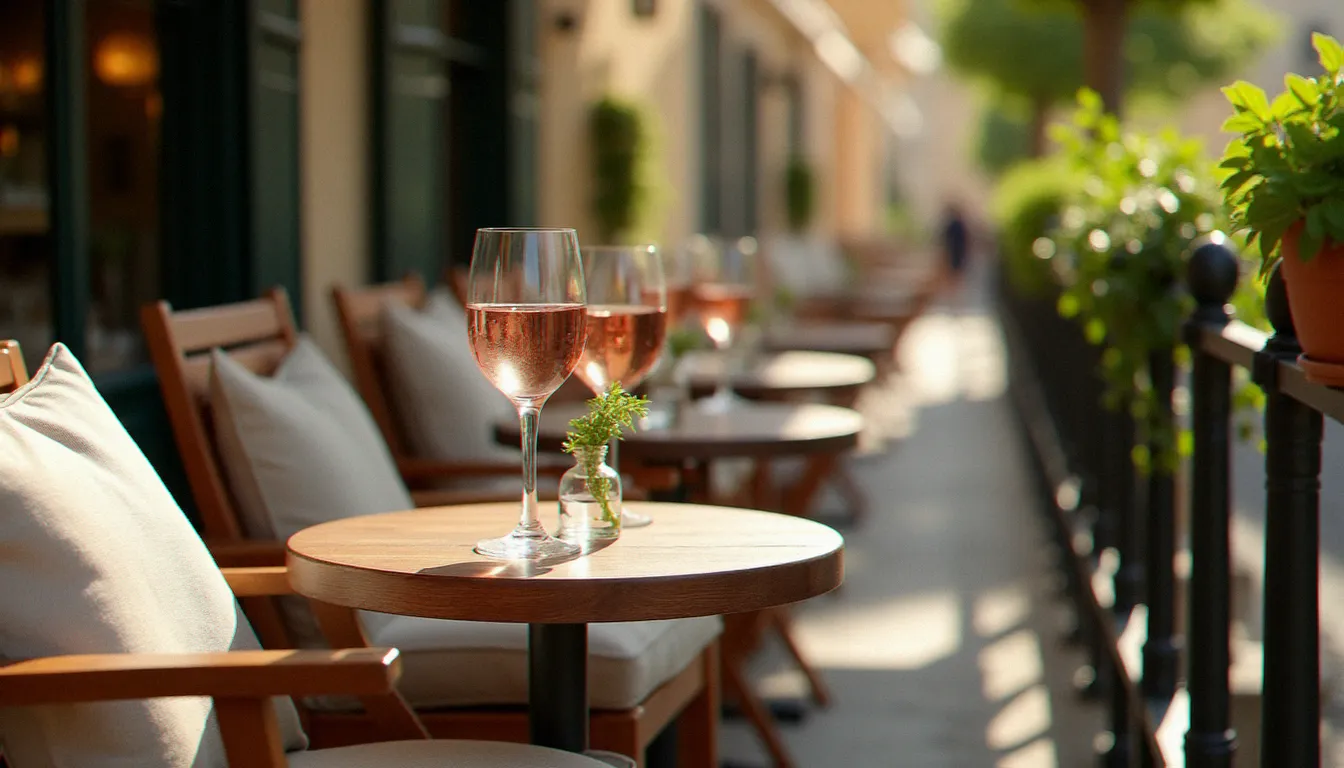 Angle de terrasse de bistrot français avec chaises confortables, herbes aromatiques en pot et verre de rosé frais à la lumière de l'après-midi