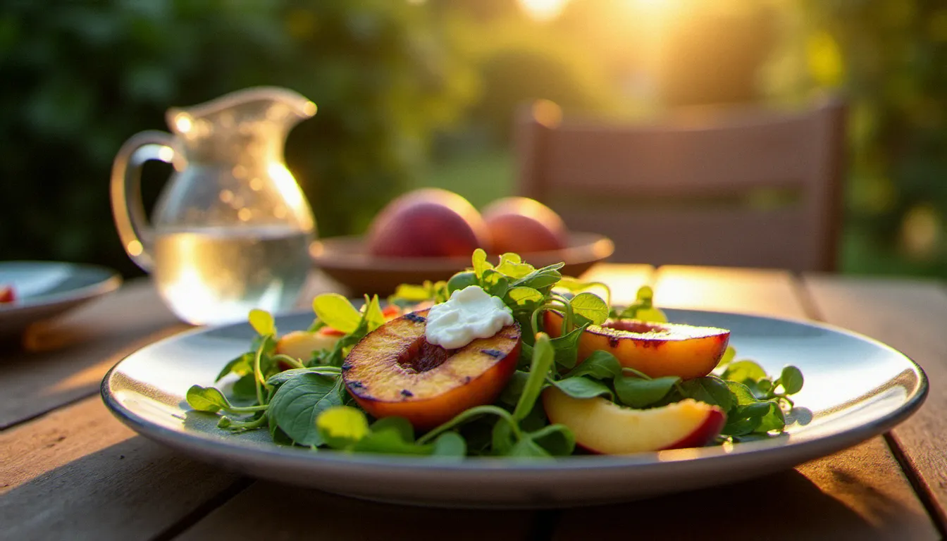 Assiette de salade estivale de roquette aux pêches grillées et chèvre frais servie en terrasse de bistrot sous la lumière dorée du soir