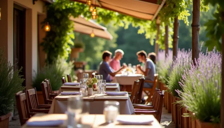 Terrasse ensoleillée du restaurant La Fabrique Bistrot avec tables en chêne et pergola en bois, idéale pour chercher un restaurant avec terrasse autour de moi