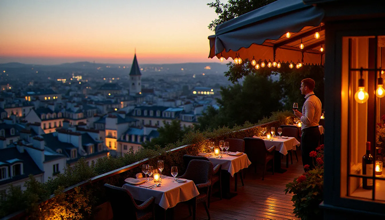 Terrasse de restaurant à Montmartre avec vue panoramique sur les toits de Paris au crépuscule, service en salle extérieure