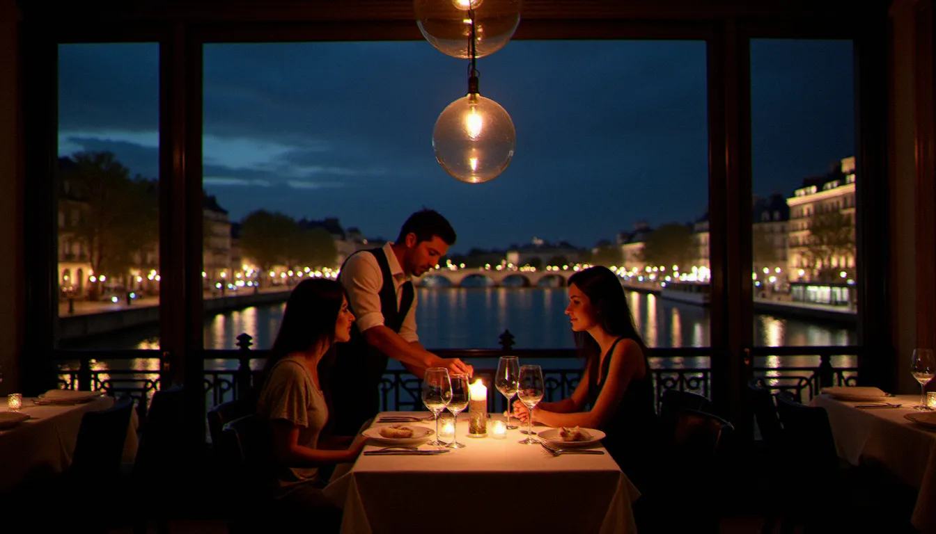 Salle de restaurant parisien avec baie vitrée donnant sur la Seine la nuit, table dressée avec bougies et vue sur les reflets de la ville