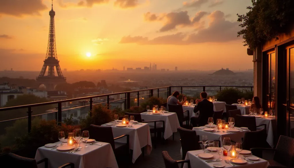 Table dressée sur une terrasse panoramique avec vue sur Paris et la tour Eiffel au coucher de soleil, restaurant avec vue paris