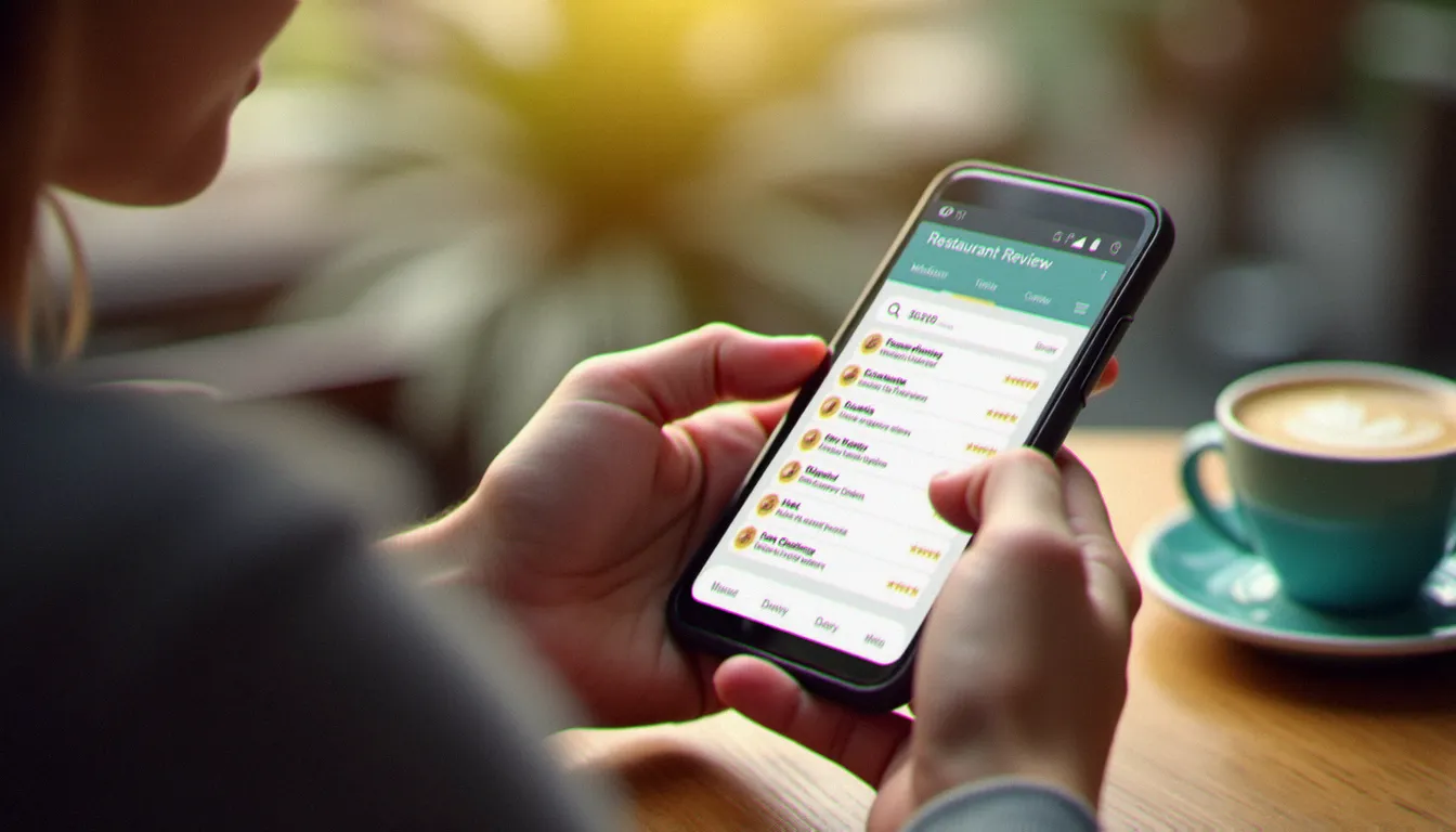 Mains tenant un smartphone affichant des avis restaurant avec étoiles, sur une table de café en lumière naturelle