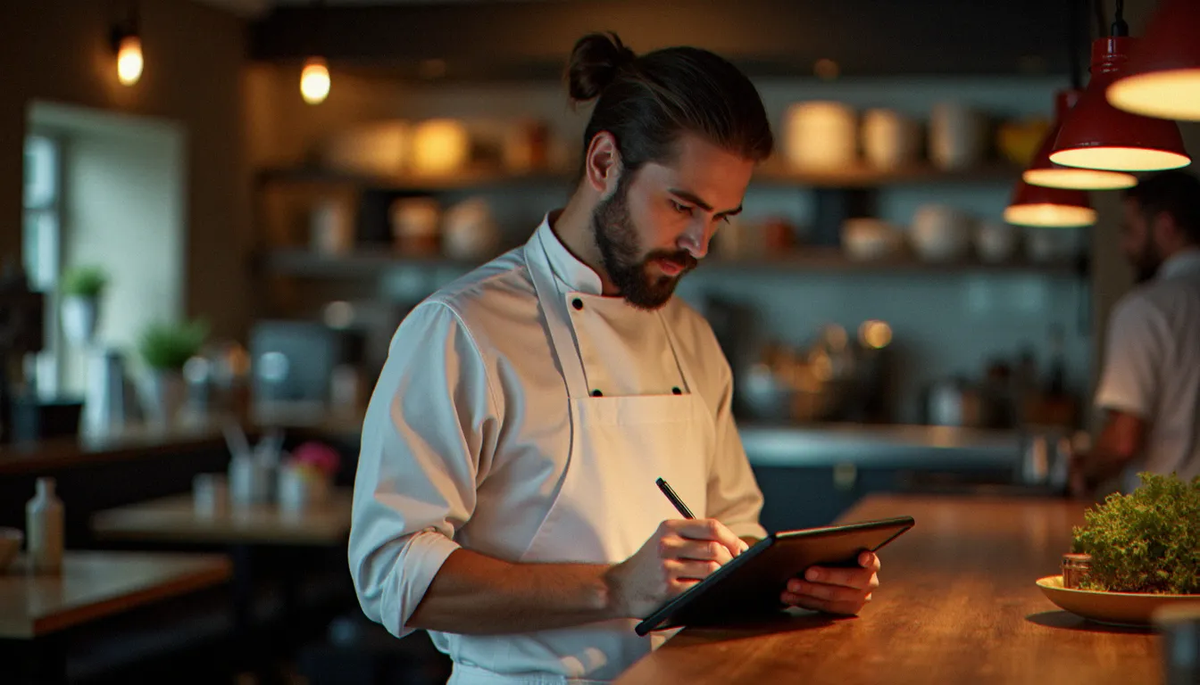 Restaurateur en tablier blanc répondant aux avis en ligne sur une tablette, près du passe de cuisine ouvert