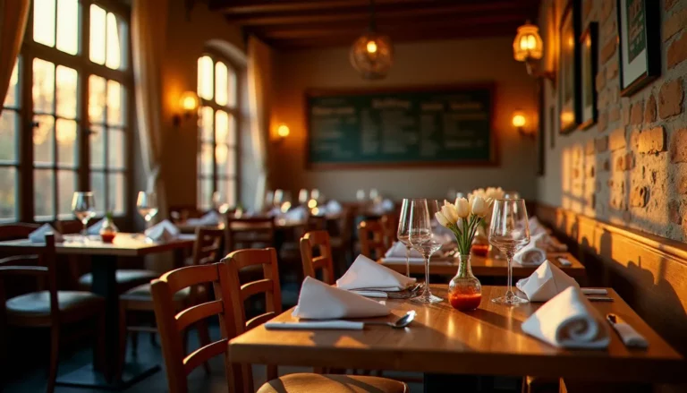 Salle de bistrot français chaleureux avec tables en bois et ardoise murale, illustrant l'ambiance d'un restaurant dont on consulte les avis avant de réserver
