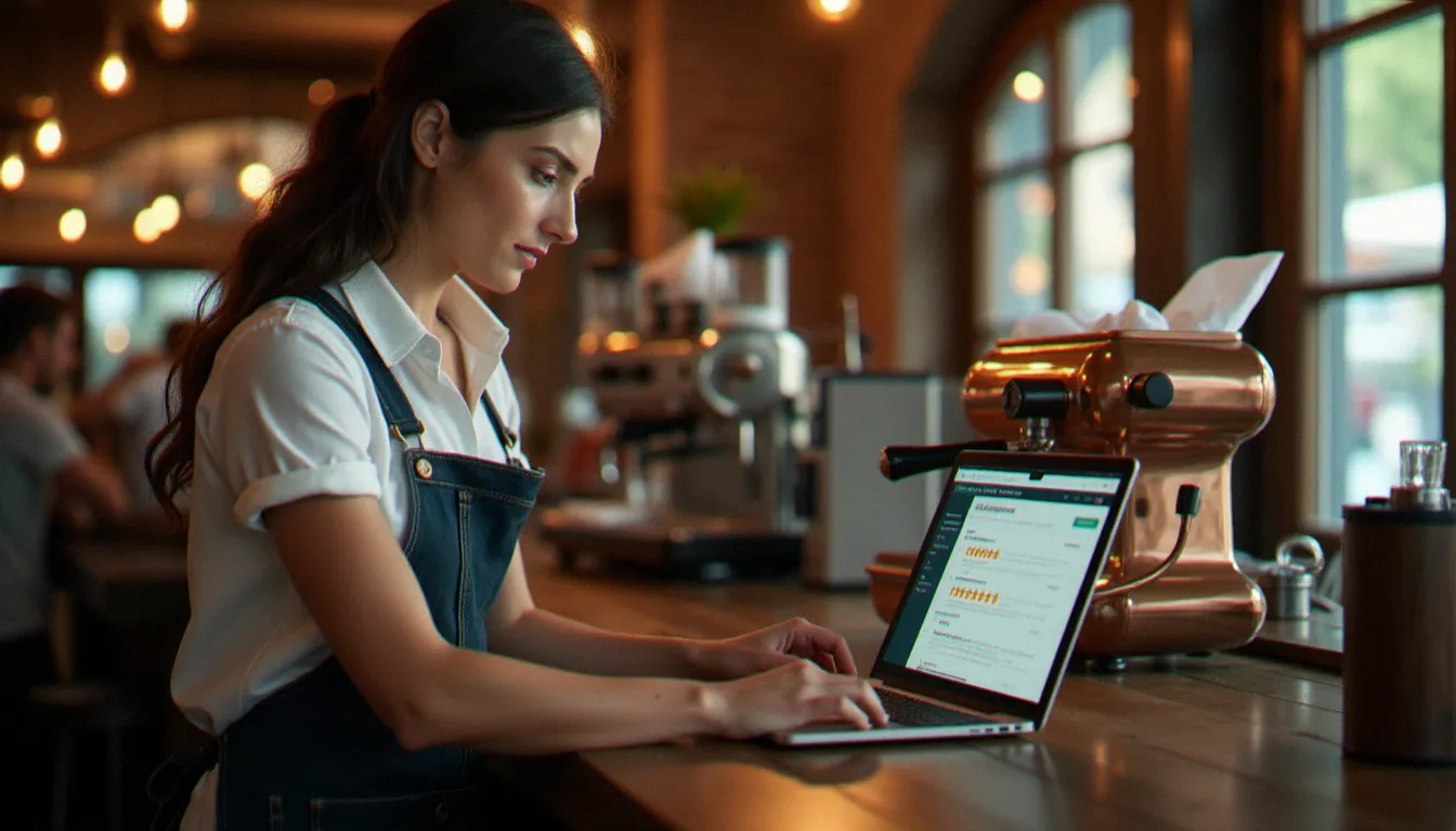 Restauratrice consultant les avis clients sur son ordinateur portable derrière le bar d'un bistrot français, avec le système de notation Google visible à l'écran