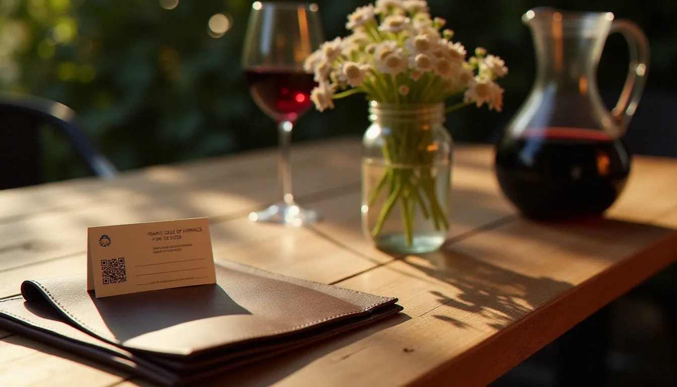 Table de bistrot français avec un carton QR code invitant discrètement les clients à laisser un avis Google, posé à côté de l'addition dans un cadre chaleureux et intimiste