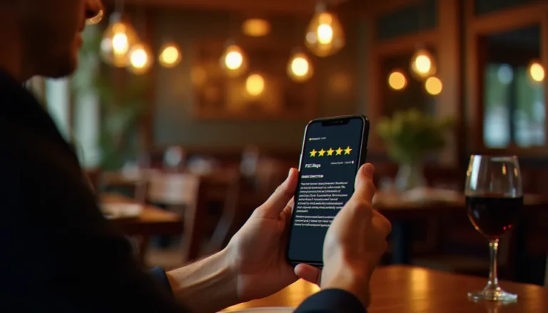 Client satisfait consultant les avis Google d'un restaurant sur son smartphone dans un bistrot français chaleureux le soir, illustrant l'importance des restaurant avis google pour choisir une adresse