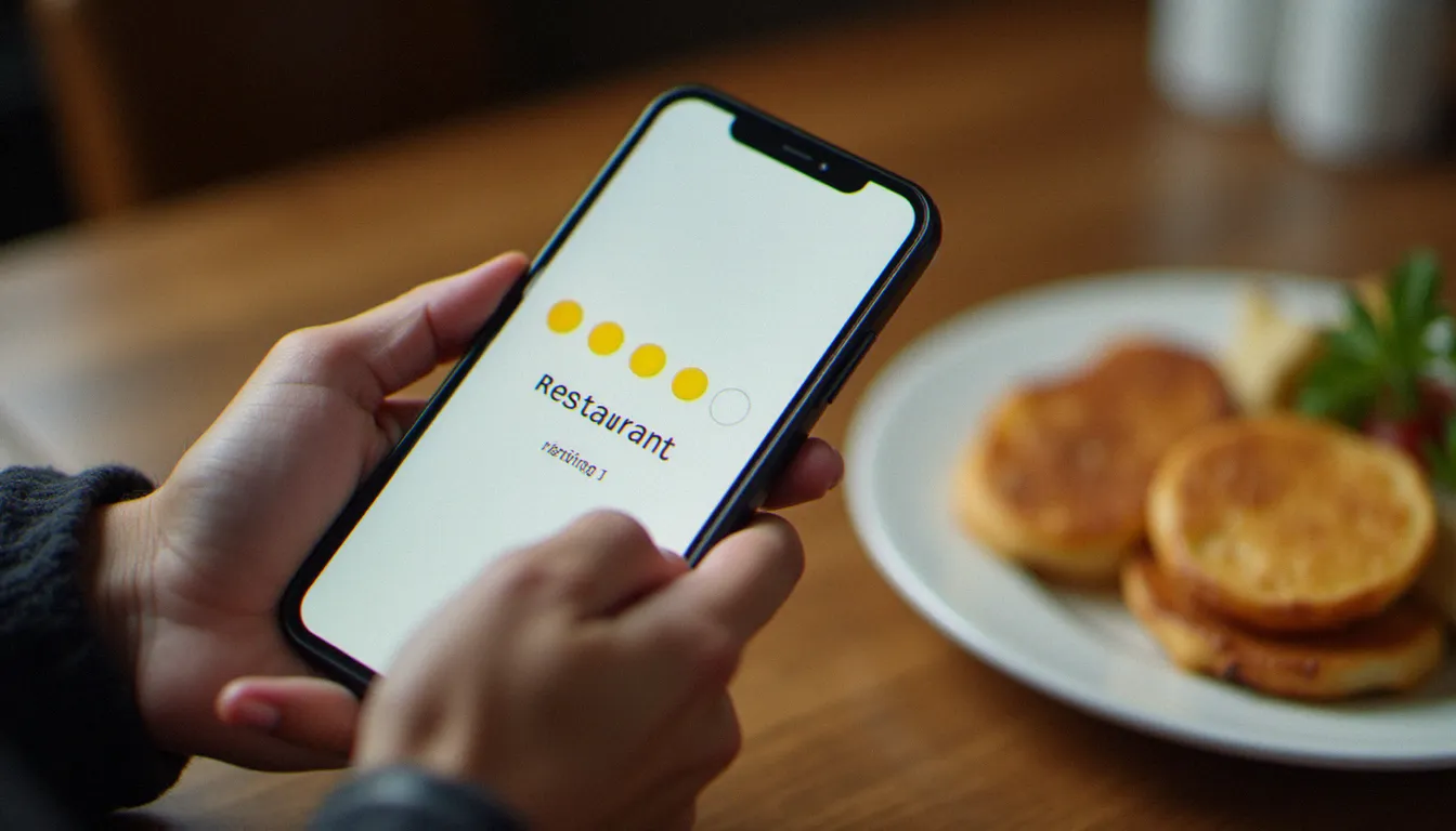 Personne consultant les notes et avis TripAdvisor d'un restaurant sur smartphone posé sur une table en bois avec assiette en arrière-plan