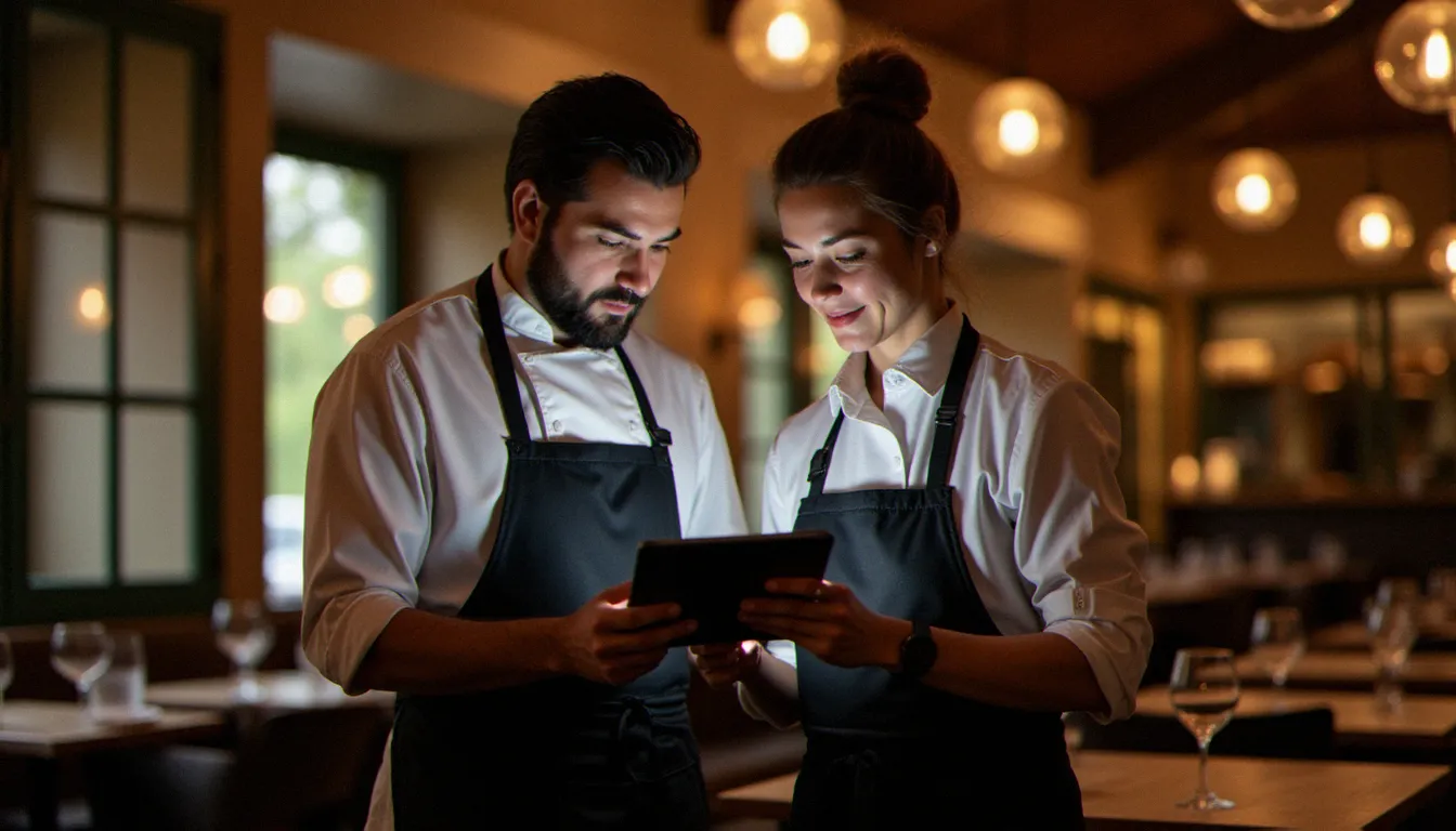 Chef et responsable de salle d'un bistrot français consultant ensemble les retours clients sur tablette avant le service du soir