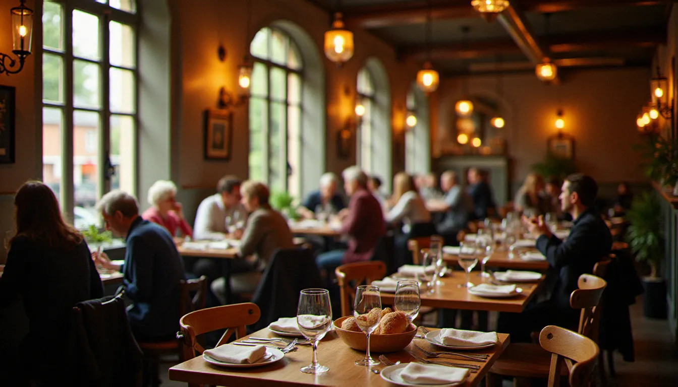 Salle animée d'un restaurant bistrot français avec convives attablés, lumière chaleureuse, ambiance conviviale illustrant les avis TripAdvisor d'un restaurant