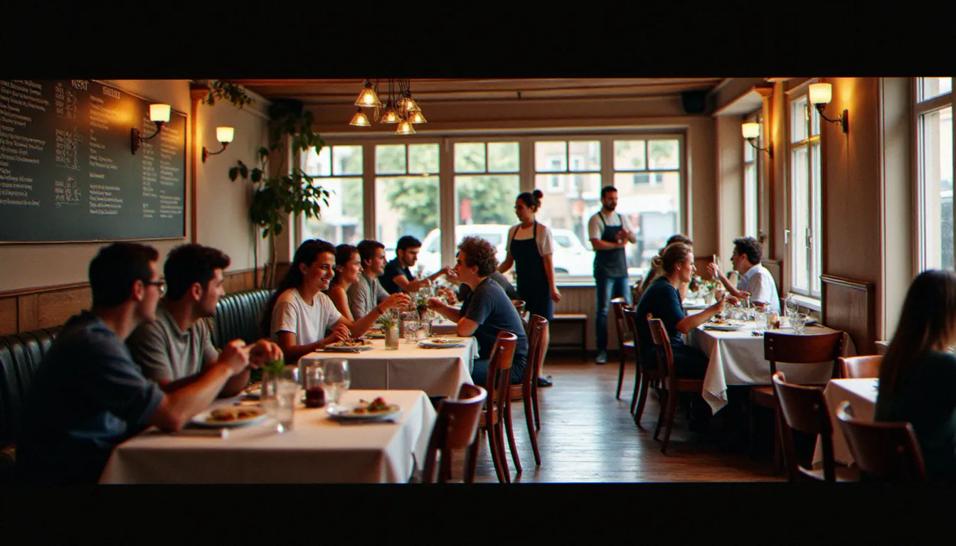 La salle animée de La Fabrique Bistrot lors du service du déjeuner, avec des clients attablés dans une ambiance conviviale et chaleureuse typique d'un restaurant comment ça va de quartier lillois