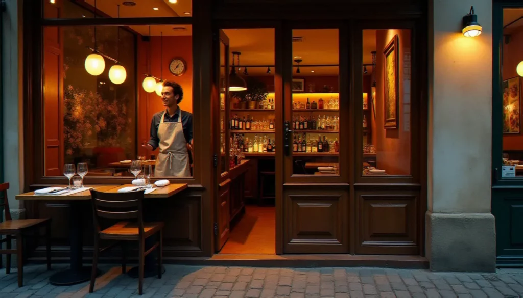 L'entrée chaleureuse d'un restaurant comment ça va typique à Lille, avec une porte en bois entrouverte laissant entrevoir le comptoir en zinc et les tables dressées d'un bistrot de quartier au coucher du soleil