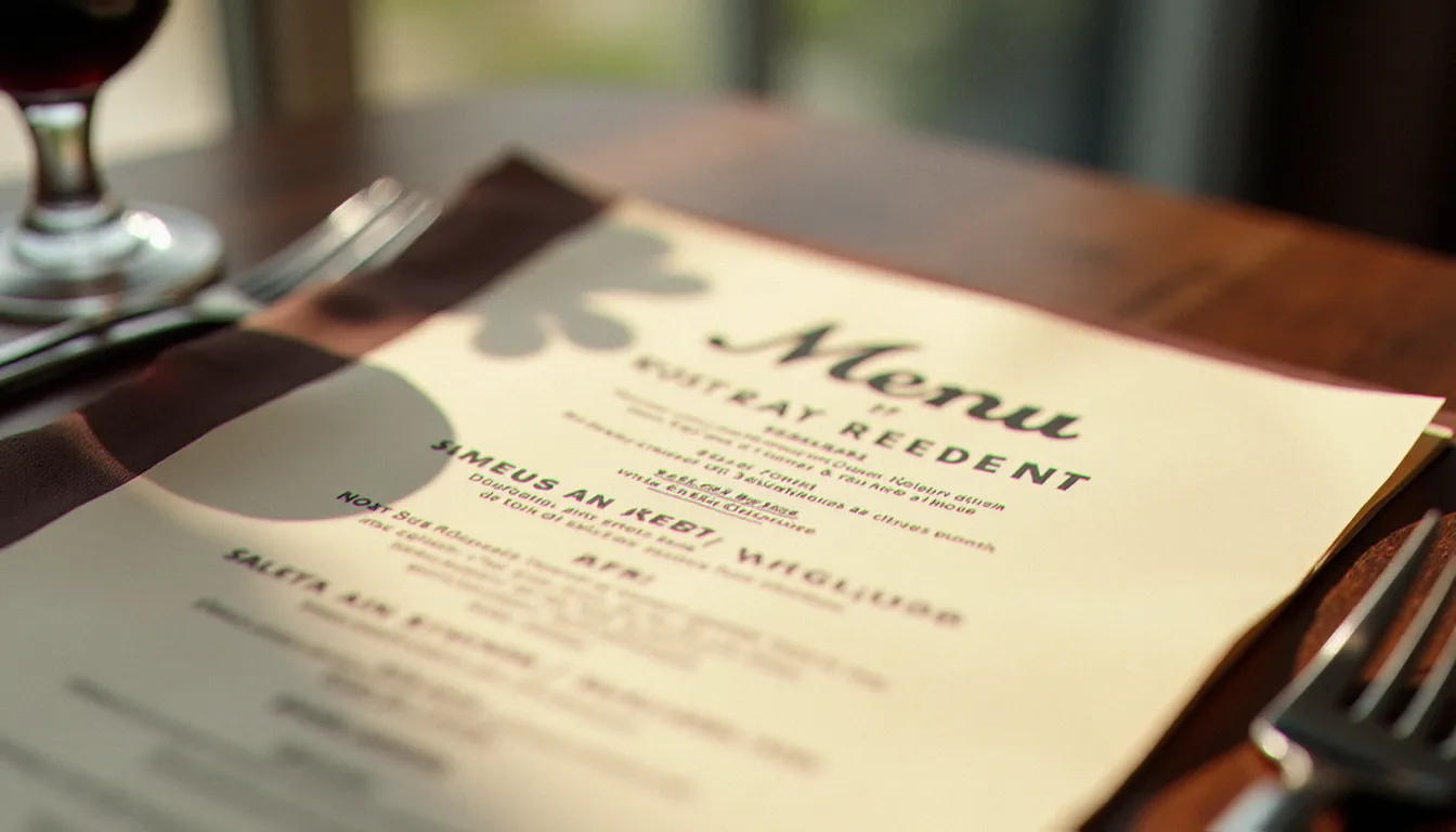 Menu imprimé d'un restaurant français en typographie soignée sur papier parchemin, posé sur une table en chêne avec un verre de vin rouge en arrière-plan légèrement flou