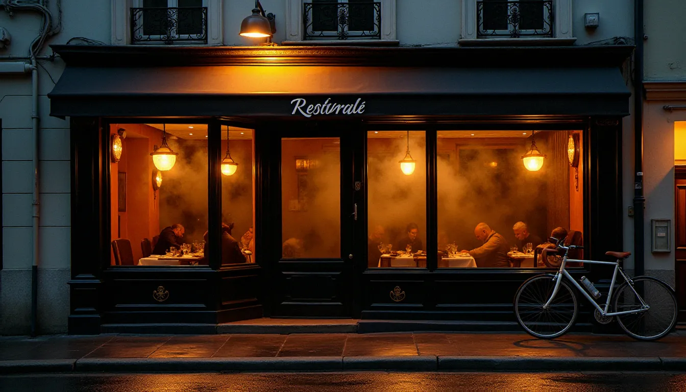 Façade d'un bistrot français à la tombée de la nuit, lumières ambrées filtrant par les vitres embuées, rue pavée mouillée dans une ville du nord de la France