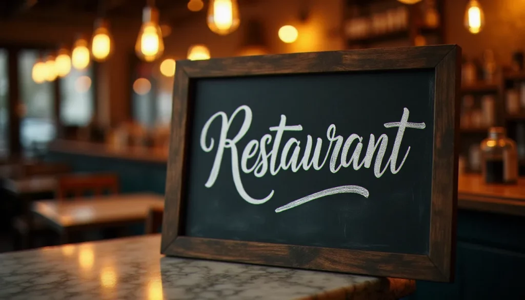 Ardoise de bistrot à la française avec l'orthographe du mot restaurant en calligraphie chalk, éclairée par une lumière chaude dans une salle conviviale