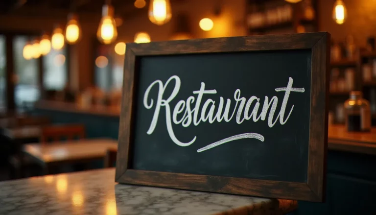 Ardoise de bistrot à la française avec l'orthographe du mot restaurant en calligraphie chalk, éclairée par une lumière chaude dans une salle conviviale