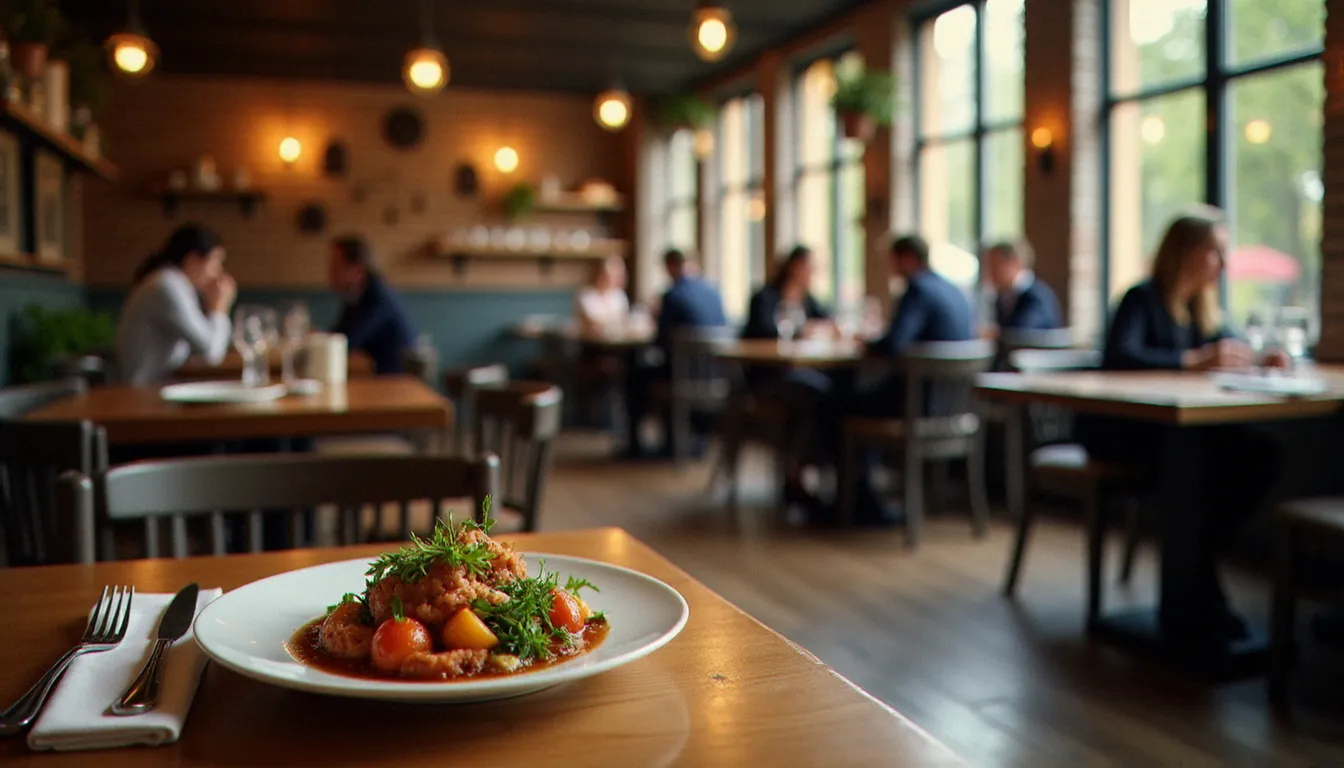 Salle intérieure animée d'un bistrot de terroir à Commentry avec murs en briques apparentes, convives attablés autour d'un plat du midi soigneusement dressé