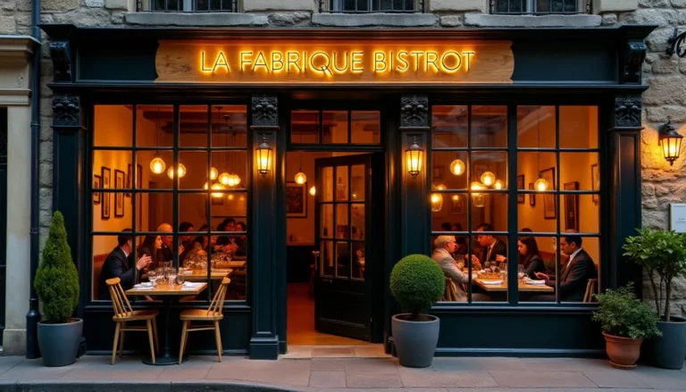 Façade chaleureuse du restaurant La Fabrique Bistrot à Commentry ouvert le soir, lumière dorée filtrant par les fenêtres sur une salle animée