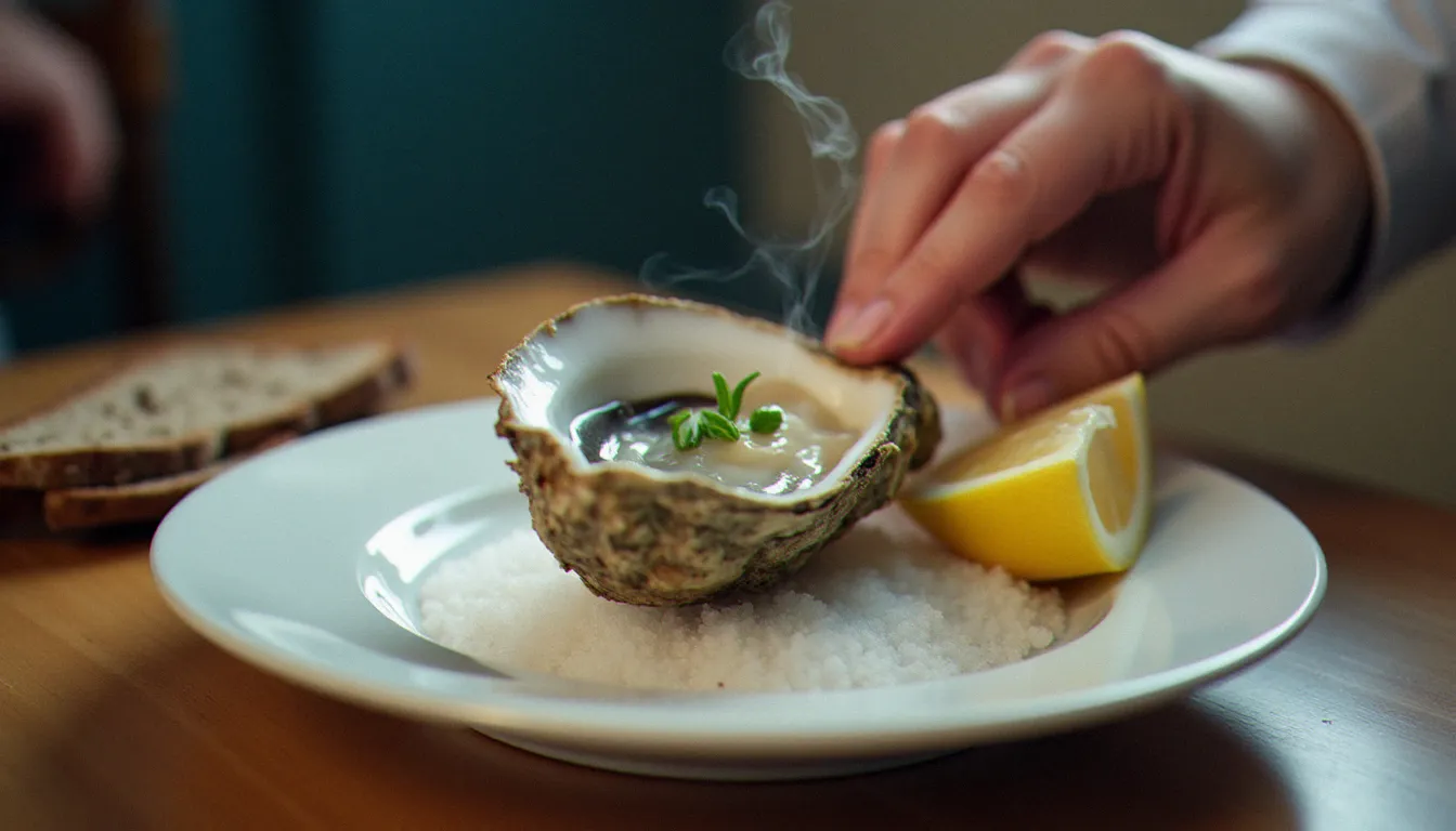 Serveur posant une huître chaude au beurre de wakamé sur lit de gros sel dans un restaurant maritime bordelais, détail de service soigné en lumière naturelle