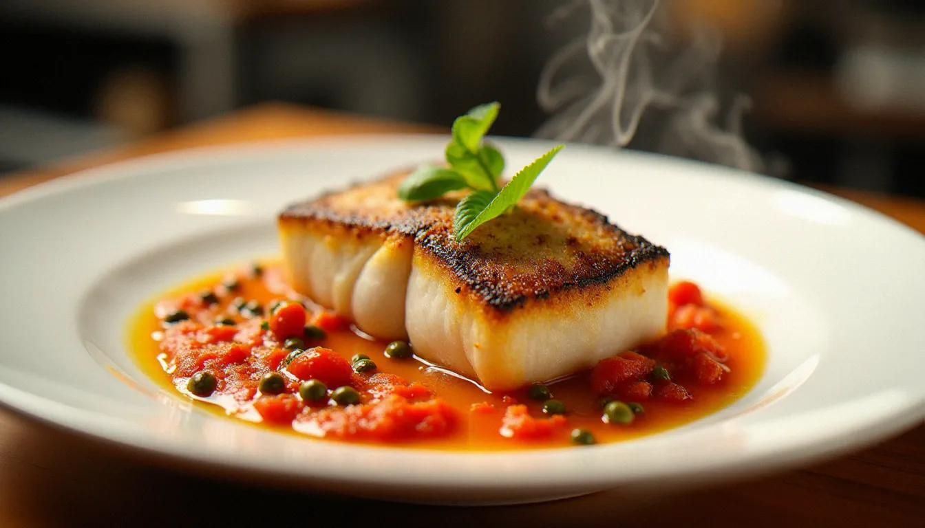 Filet de lieu jaune de ligne en croûte de sarrasin avec coulis de tomates confites et câpres, plat emblématique du restaurant La Fabrique Bistrot à Bordeaux