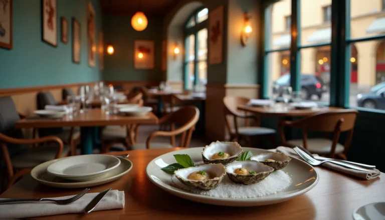 Salle du restaurant effet mer à Bordeaux avec décoration maritime authentique, table dressée avec des huîtres fraîches et ambiance chaleureuse en fin de journée