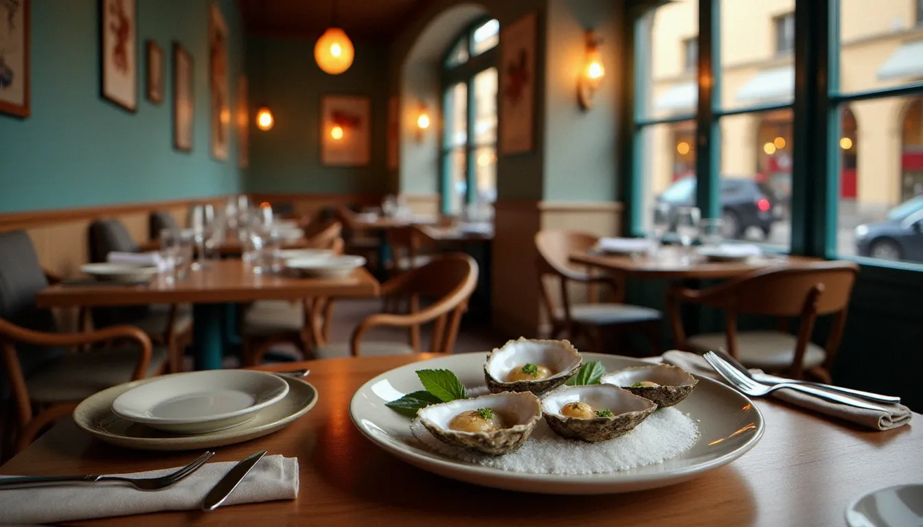 Salle du restaurant effet mer à Bordeaux avec décoration maritime authentique, table dressée avec des huîtres fraîches et ambiance chaleureuse en fin de journée