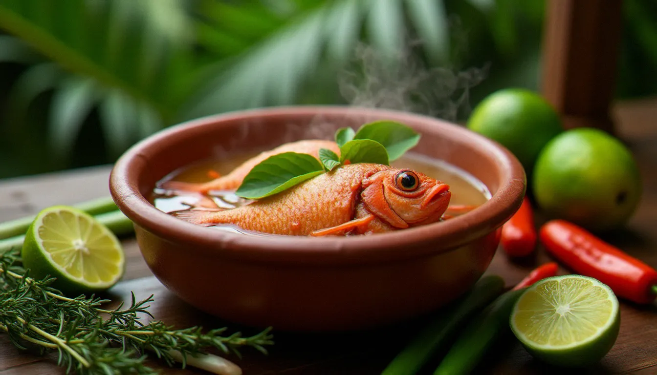 Court-bouillon de vivaneau martiniquais dans un bol en terre cuite, entouré de citrons verts, piments végétariens et herbes fraîches sur une table en bois rustique