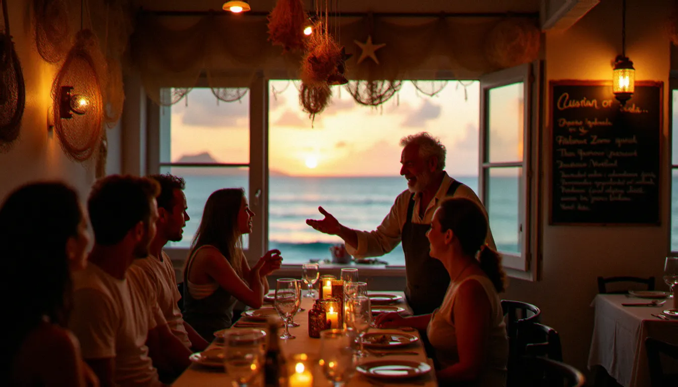 Patron pêcheur martiniquais accueillant chaleureusement des clients attablés dans son restaurant, filets de pêche en décoration murale et vue sur l'océan depuis les fenêtres ouvertes