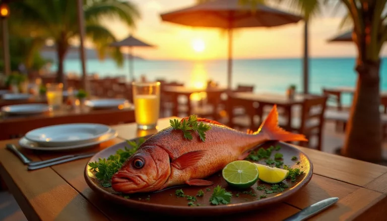 Terrasse d'un restaurant effet mer en Martinique au coucher du soleil, vivaneau grillé en premier plan et mer des Caraïbes turquoise en arrière-plan