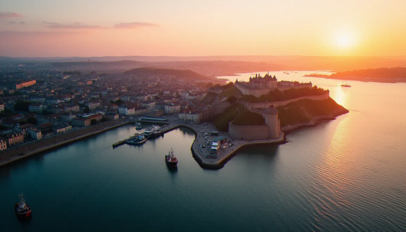 Vue aérienne de Saint-Malo au coucher de soleil avec ses remparts historiques et le port de pêche, ville maritime bretonne symbole de la gastronomie de la mer