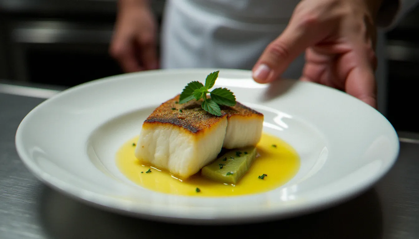 Chef dressant un filet de bar de ligne breton avec sauce beurre blanc dans la cuisine d'un restaurant gastronomique de Saint-Malo