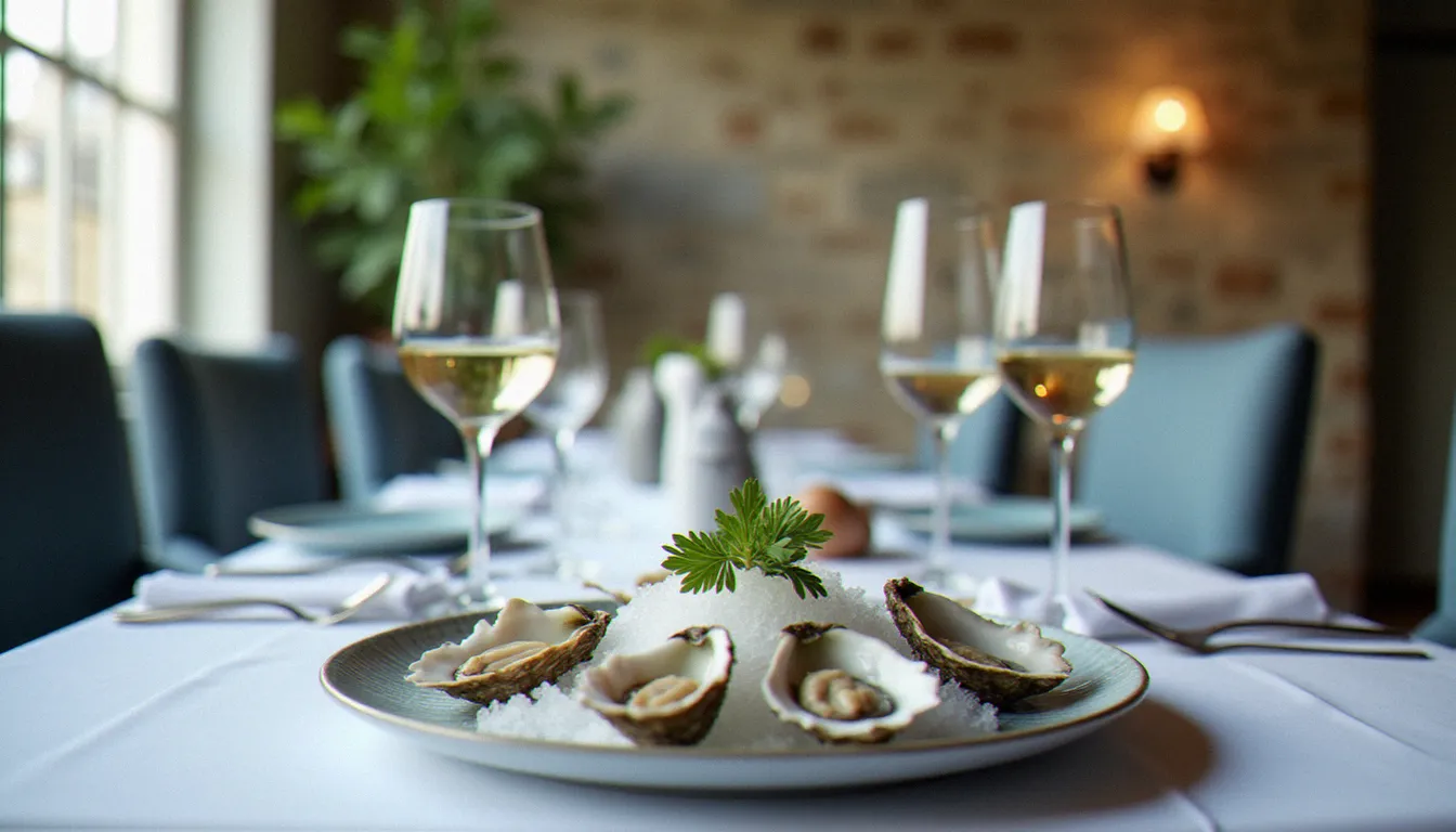 Table dressée dans un restaurant effet mer à Saint-Malo avec un plateau d'huîtres de Cancale fraîches et un verre de muscadet, ambiance chaleureuse et lumière naturelle tamisée