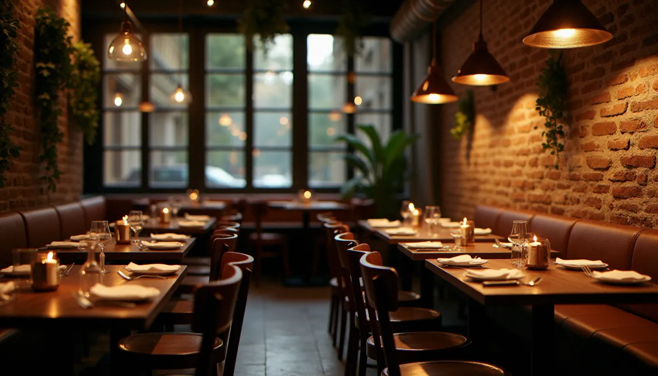 Intérieur du restaurant Francesca Beauvais avant le service du soir, murs en briques apparentes et luminaires cuivrés créant une atmosphère italienne chaleureuse et intime
